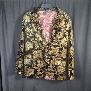 Cloudstyle Men Black Gold Paisley Velvet Blazer Jacket Statement Single Breasted